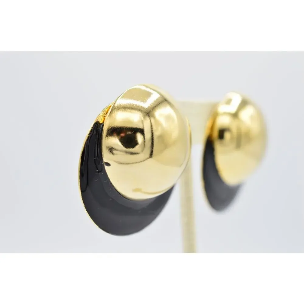 Vintage Post Round Earrings Black Enamel Shiny Gold Chunky Metal NOS 1980s BinAA